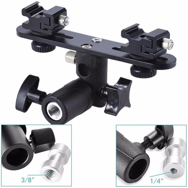 EXMAX E2 Adjustable Double Flash Bracket Dual Hot Shoe Speedlight Stand Umbrella Holder Light Stand Bracket Mount 1/4" to 3/8'' for Studio Video DSLR Camera - Image 3